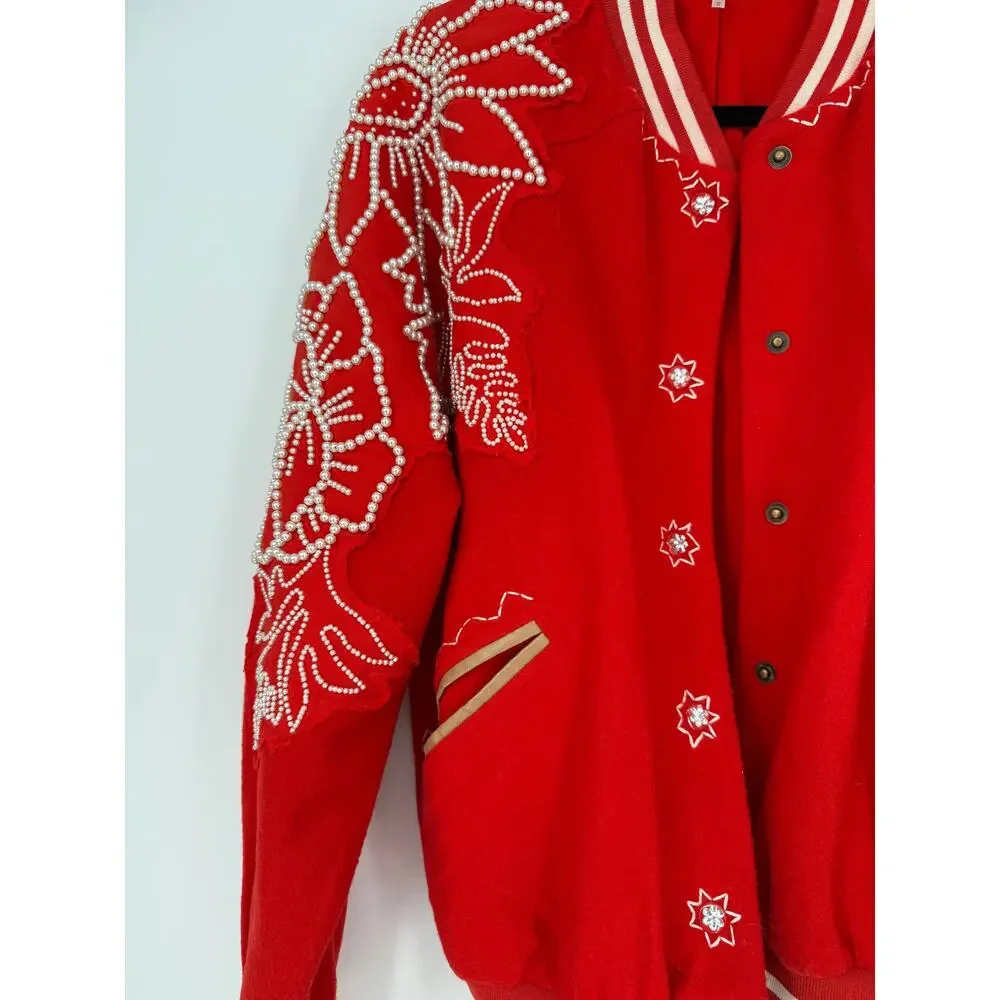 Free People Pretty In Pearls Bomber Jacket Varsity Red Medium M - Picture 6 of 14